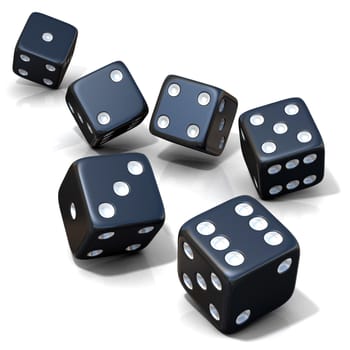 Six black game dices isolated on white background