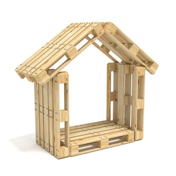 House made of Euro pallets. Side view. 3D render illustration isolated on white background