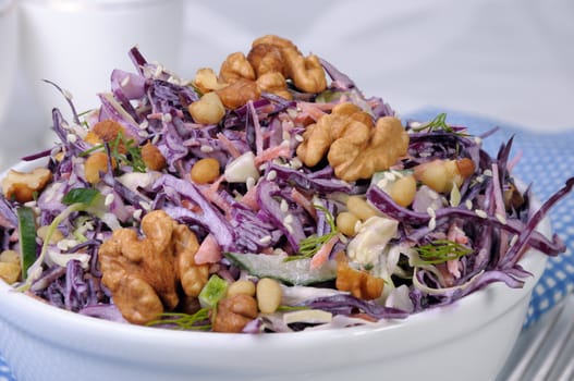 salad of shredded red cabbage with nuts in milk sauce