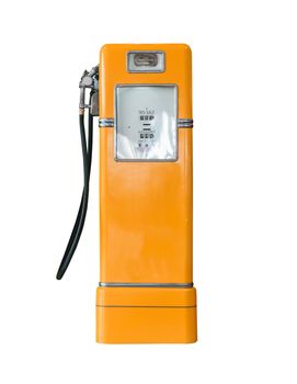 Old orange petrol gasoline pump isolate on white background