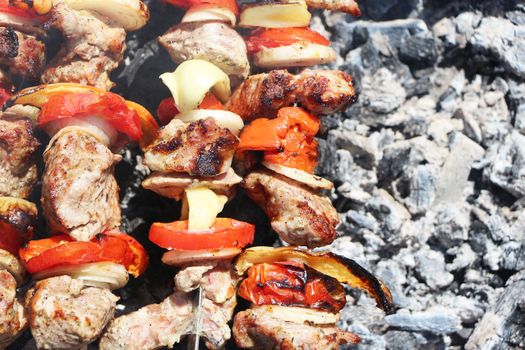 Meat and vegetables frying on a grill on a background of the ash