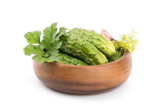 Preparation of cucumbers and greenery is to canning