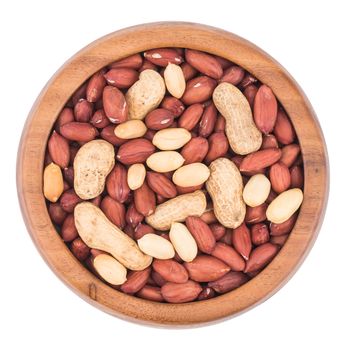 Peanuts in a bowl on a white background.