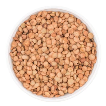 White ceramic bowl of green uncooked lentils isolated on white from above.