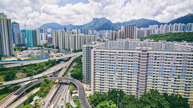 hong kong public estate with landmark lion rock