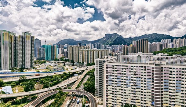 hong kong public estate with landmark lion rock