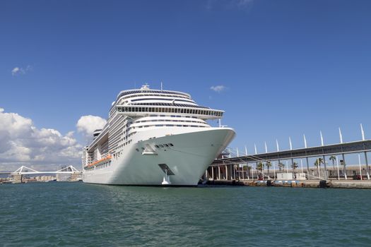 Modern cruise ship in Port Vell Barcelona -view from the sea, Spain