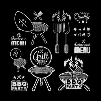 Barbecue grill chalkboard illustration on black background