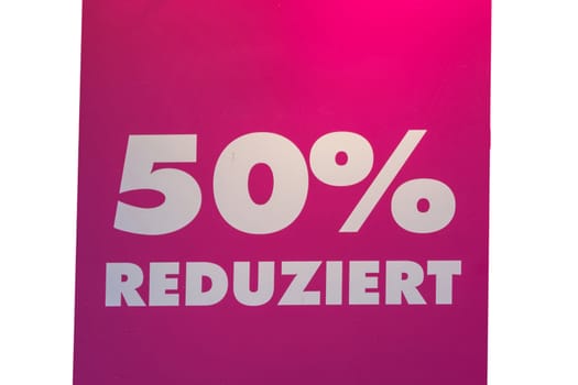 Sign with the number 50% discount on red background.