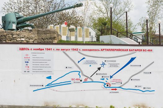 Vityazevo, Russia - April 24, 2016: The plan on the wall at the foot of the monument in honor of this place located on the firing position coastal BC-464 battery, 1942-1943 years ", established in the village of Vityazevo, a suburb of Anapa