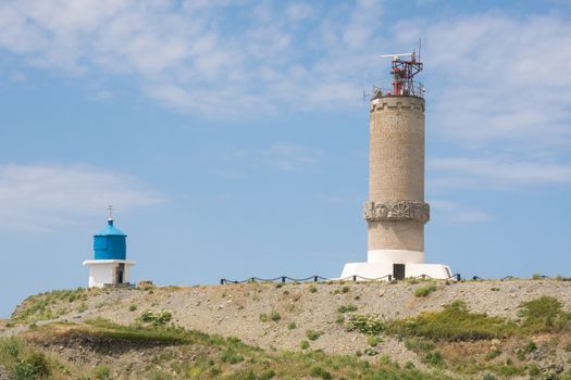 Big Utrish, Russia - May 17, 2016: Monument to the lighthouse and a chapel on the island of Utrish, built in 1975 in tribute to all sailors Azov-Black Sea fleet, as well as the crew of the vehicle "Fabricius" vessel, which in World War II was torpedoed by the Germans
