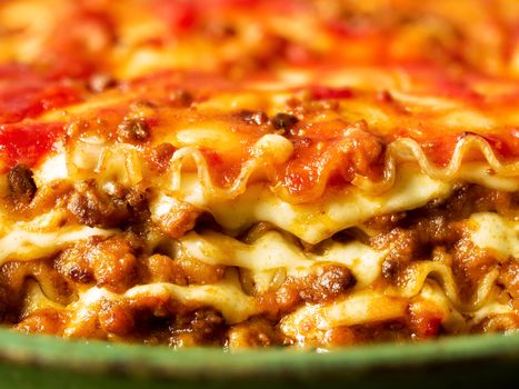 close up of rustic italian cheesy lasagna pasta