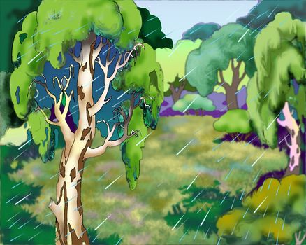 Digital Painting, Illustration of a Forest on a Rainy Summer Day. Cartoon Style Character, Fairy Tale Story Background