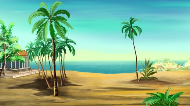 Digital Painting, Illustration of a several palm trees on the shore of the Mediterranean Sea. Cartoon Style Character, Fairy Tale  Story Background.