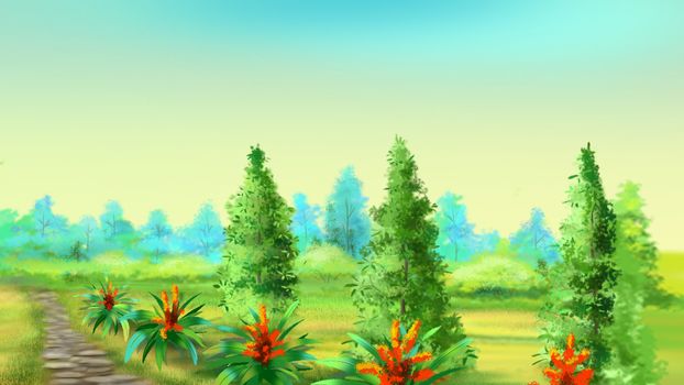 Digital Painting, Illustration of the Stone Footpath Along the Field in a Summer Morning.  Cartoon Style Character, Fairy Tale Story Background.