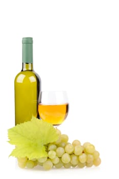 Wine bottle, glass and grapes isolated on white background