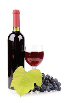 Wine bottle, glass and grapes isolated on white background