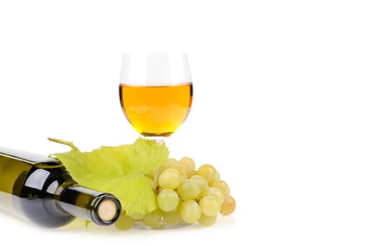 Wine bottle, glass and grapes isolated on white background