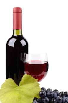 Wine bottle, glass and grapes isolated on white background