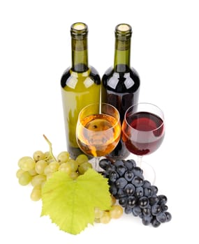 Wine bottle, glass and grapes isolated on white background