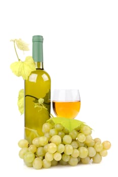 Wine bottle, glass and grapes isolated on white background