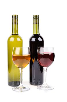 Wine glass and bottle of wine on white background