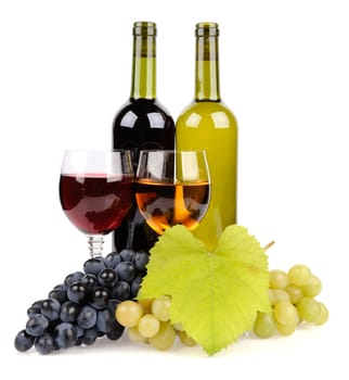 Wine bottle, glass and grapes isolated on white background