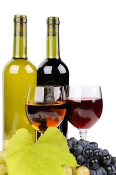 Wine bottle, glass and grapes isolated on white background