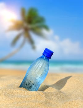 Bottle of the fresh water on the beach with palm