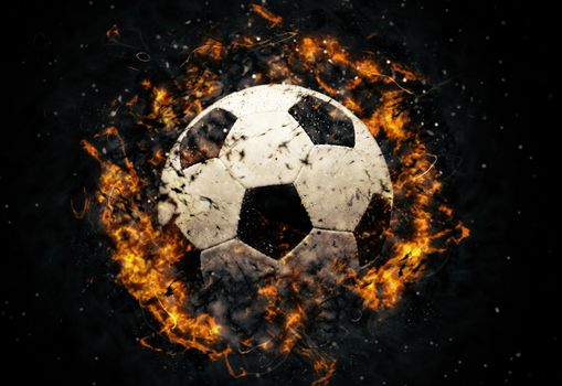 Close-up soccer ball in fire on dark background