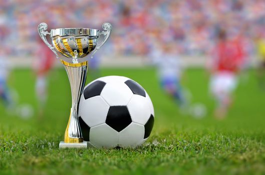 Golden trophy in grass on soccer field background