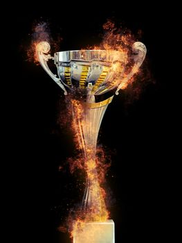 Golden trophy in fire on black background