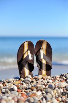 Summer vacation concept. Flip flops in stone ocean beach