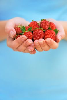 Close-up hands holding fresh strawberries