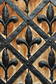 Part of a door of old castle. Wood and metal