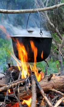 Cooking in the nature. Cauldron on fire in forest