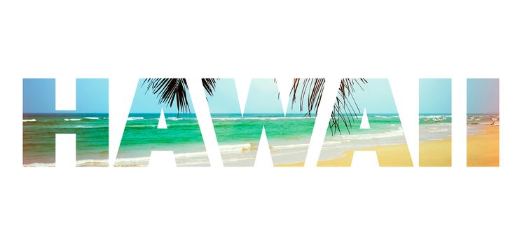 Background with word "Hawaii". Letters are made of beach with palm