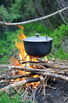 Cooking in the nature. Cauldron on fire in forest