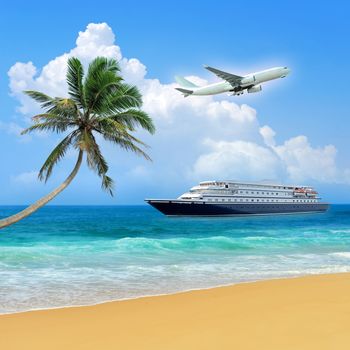 Travel concept. Beach, palm, airplane and ship 