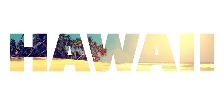 Background with word "Hawaii". Letters are made of beach with palm