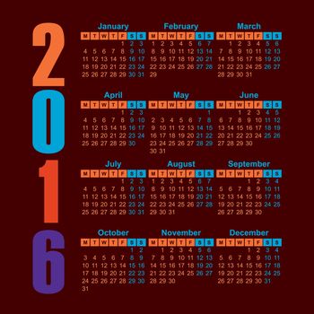 2016 year calendar english