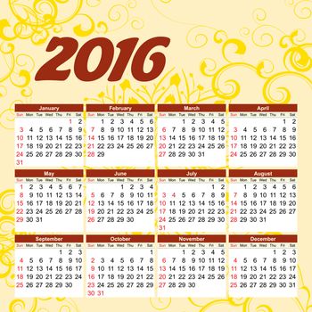 2016 year calendar english