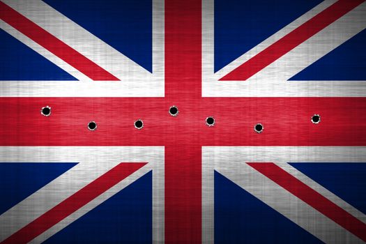 shotgun bullet hole on united kingdom flag. metal background. concept design.