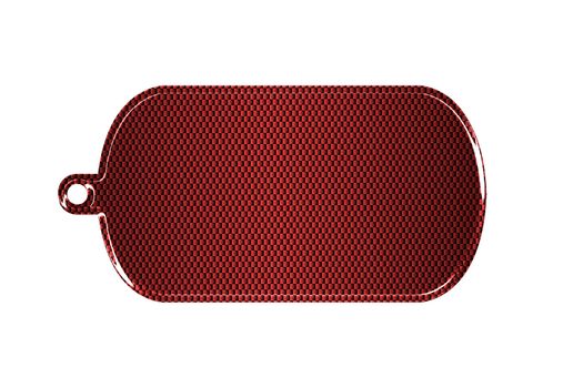 red carbon fiber dog tag on isolated white background. 3d illustration.