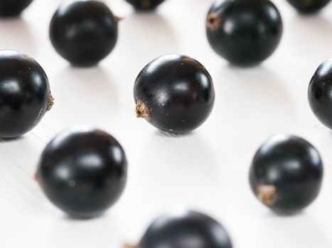 Fresh black currants on white wooden background. blackcurrants close up. Shallow DOF