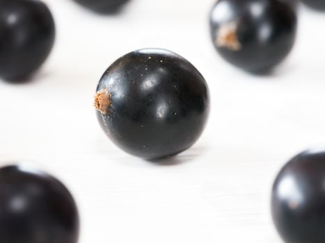 Fresh black currants on white wooden background. blackcurrants close up. Shallow DOF