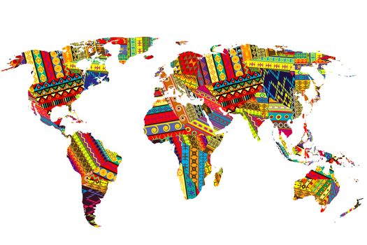 World map with ethnic motifs patchwork