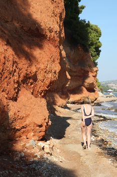 Red rocks on the coast of Aegean Sea close to Nikiti,Greece