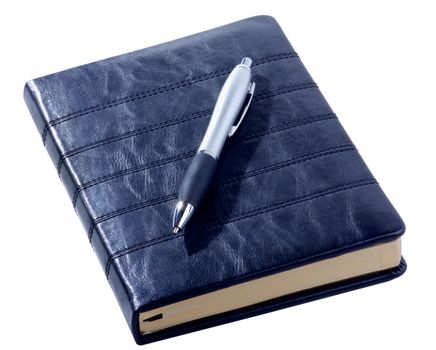 Contemporary Dark Blue Leather Diary and Elegant Pen isolated on White background