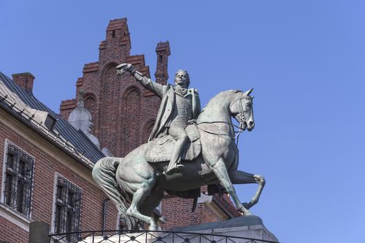 Statue of Tadeusz Kosciuszko bronze monument on Wawel Royal Castle, Krakow, Poland